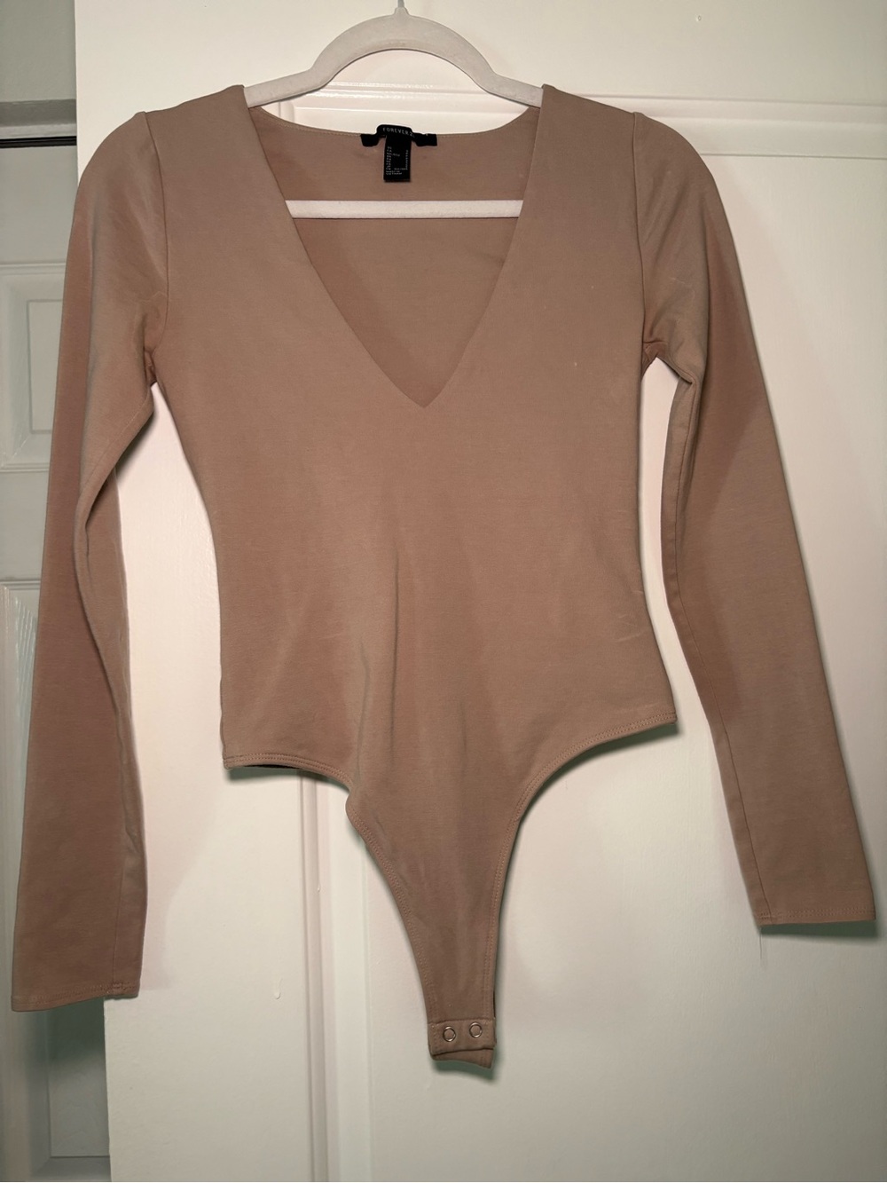 Forever 21 Nude Deep V Bodysuit Long Sleeve Minimalist Clean Girl Basic Top